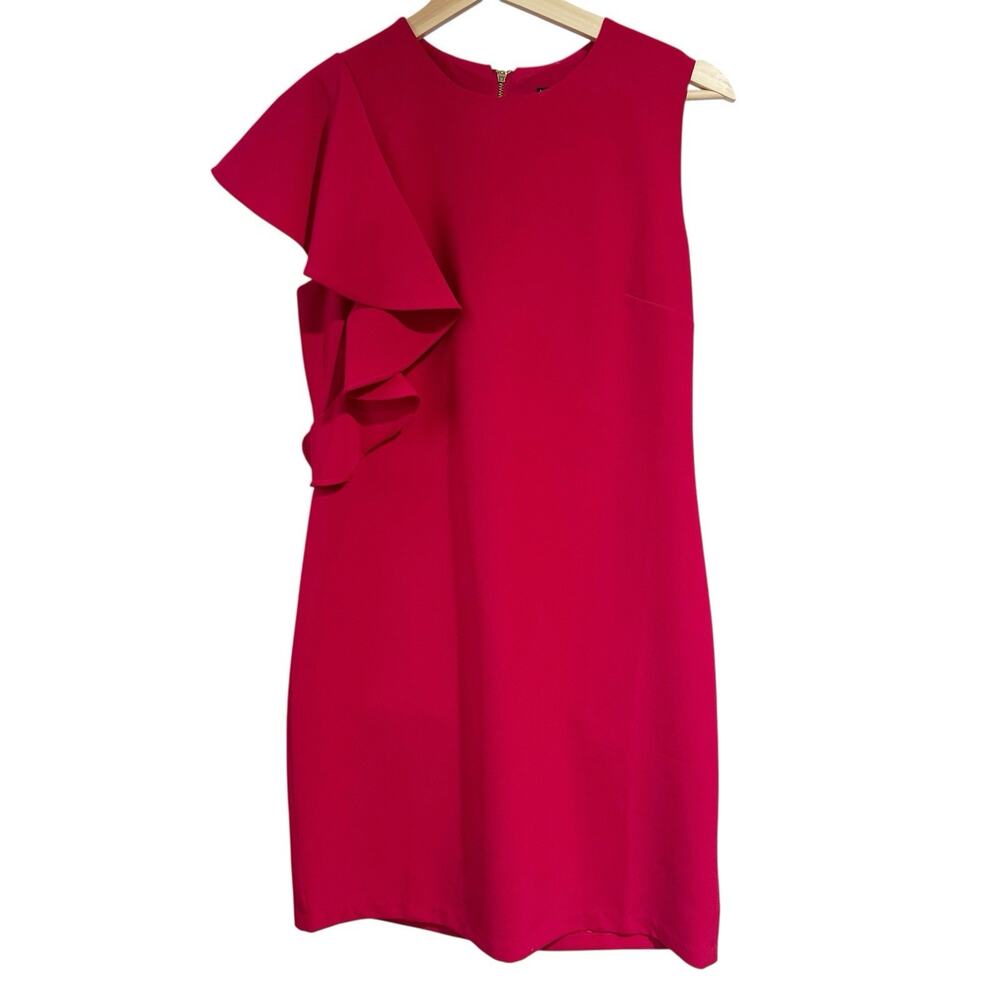 MAGGY LONDON Gorgeous Party Dress Fuchsia/Pink Ruffle Sleevless Knee Length Sz 6